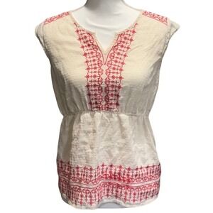 Lucky Brand Cream Red Peasant Bohemian Top Embroidered Sleeveless S